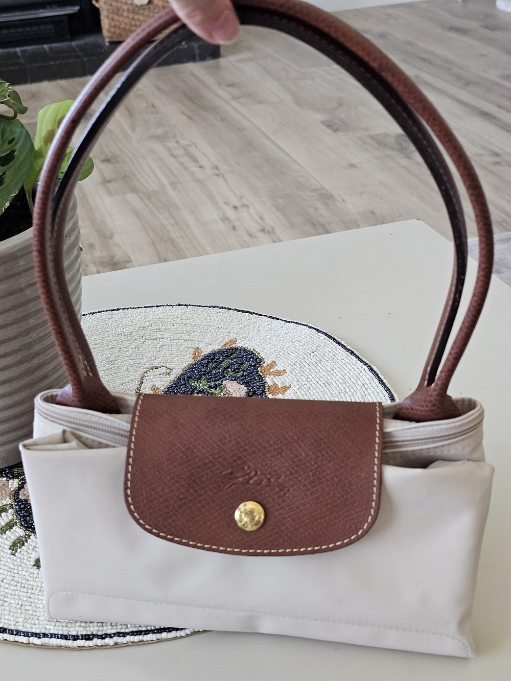 Longchamp Cream Tote with Brown Leather Trim and Handles - Picture 2 of 15